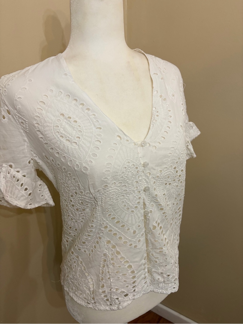 Adiva White Eyelet Button-Front V-Neck Blouse